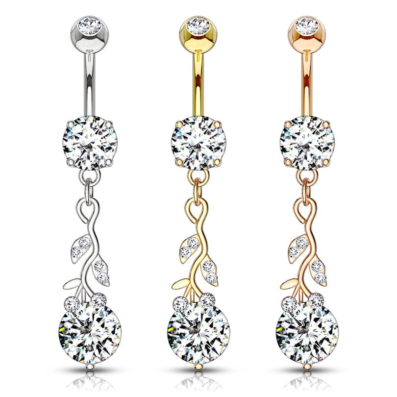 Umbigo piercing com pendente de rama de folhas e brilhantes