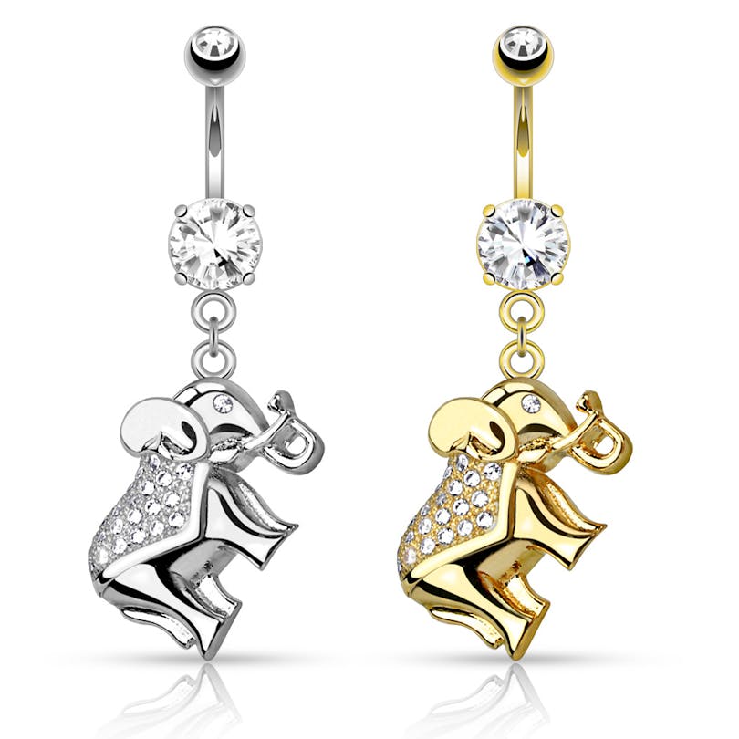 Umbigo piercing com elefante coberto de pedras