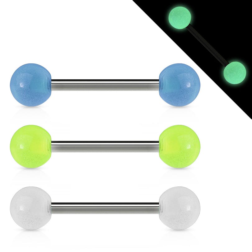 Zungenpiercing aus Titan mit selbstleuchtenen Acrylkugeln