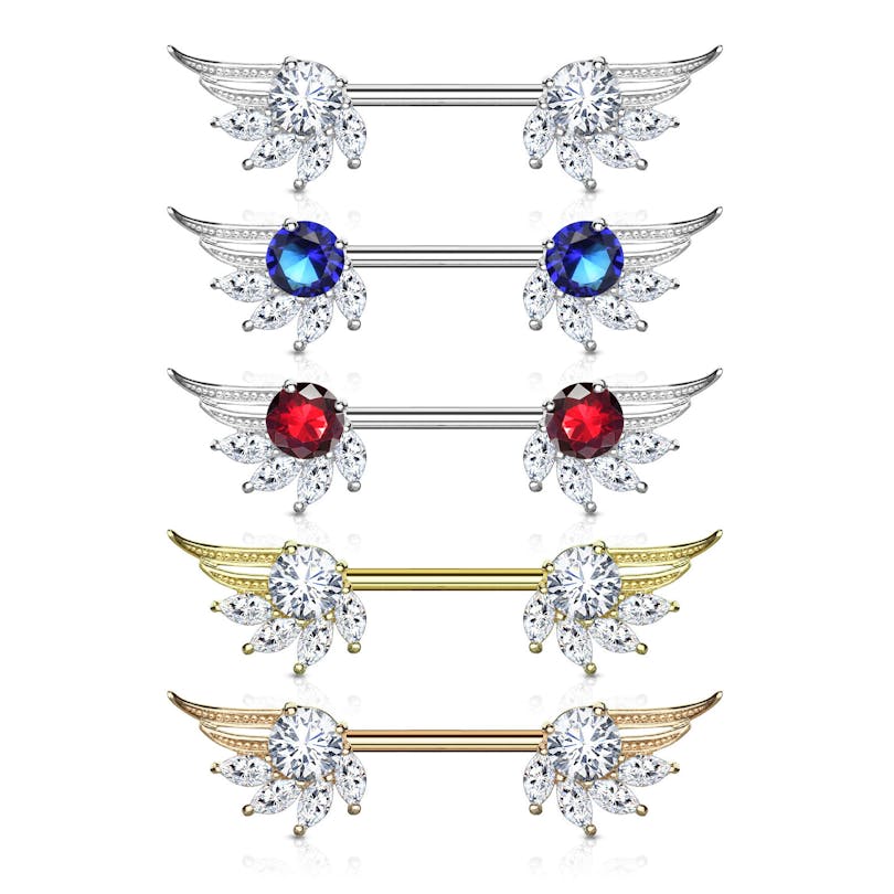 Barbell de mamilo com asas de anjo e pedras em forma de marquesa