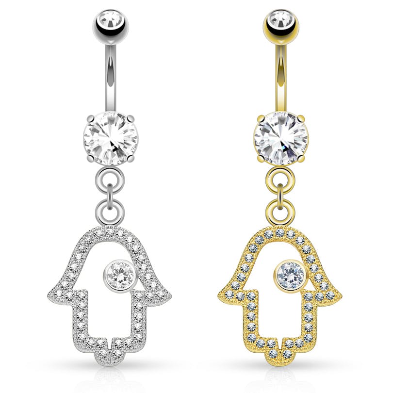 Umbigo piercing de ouro 14 quilates com mão hamsá decorada com brilhantes