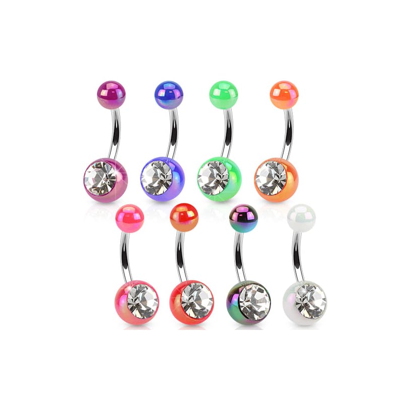 Joia para o umbigo com cores metálicas e pedra transparente