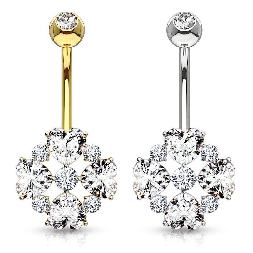 Umbigo piercing de ouro 14 quilates com flor e pétalas em formato de coração
