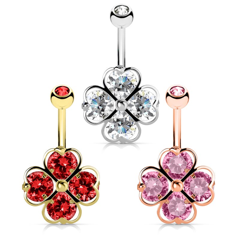 Umbigo piercing com trevo de quatro folhas