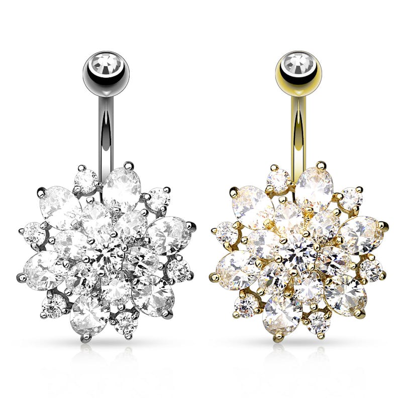 Umbigo piercing com uma grande flor de pedras