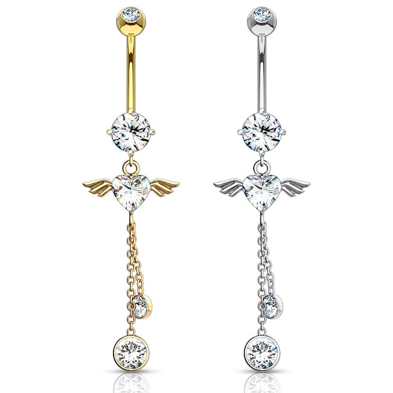Bauchnabelpiercing aus 14 Karat Gold mit Engelsflügeln und Herzstein