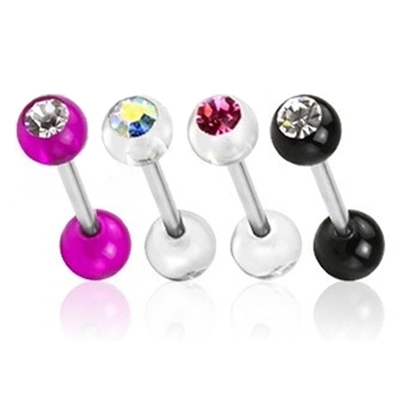 Língua quatro piercings com brilhante