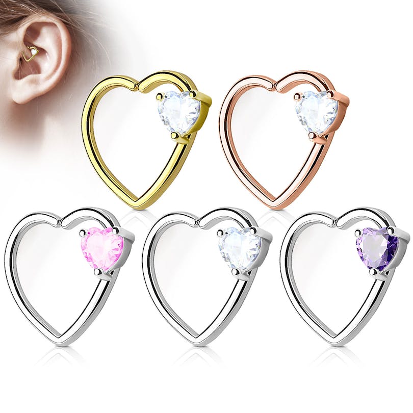 Argola para a orelha em forma de coração com pedra incrustada